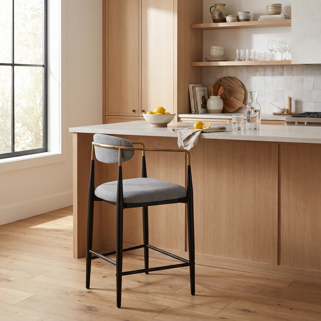 Grey Counter Stool with Gold Arms, Mid Century Counter Height Chair