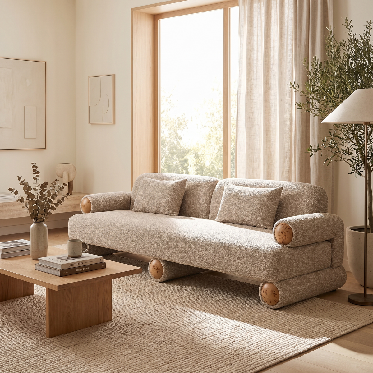 Beige Fabric Sofa With Burl Wood Accents styled in a room