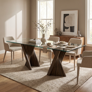 Mid Century Glass Dining Table styled in a room