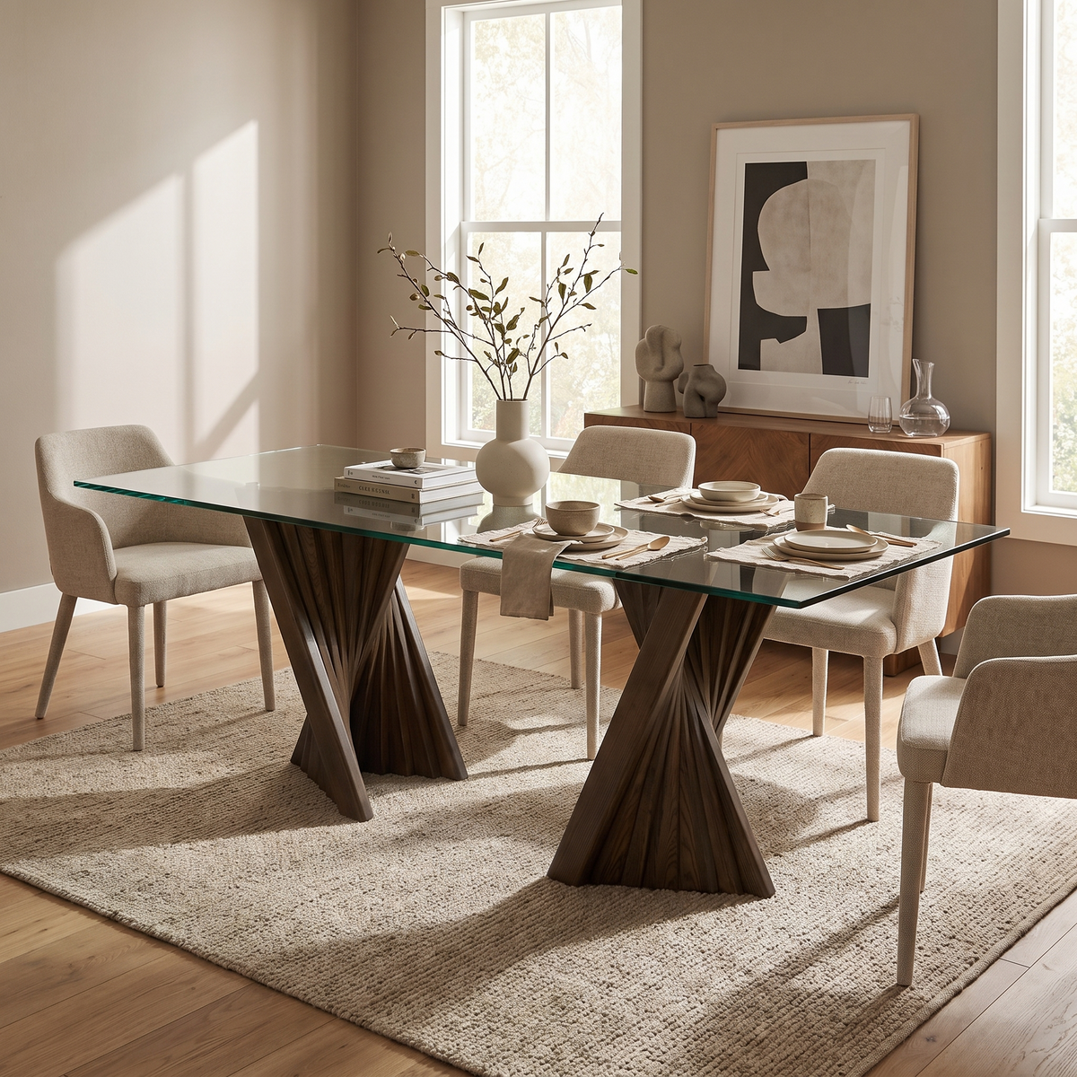 Mid Century Glass Dining Table styled in a room