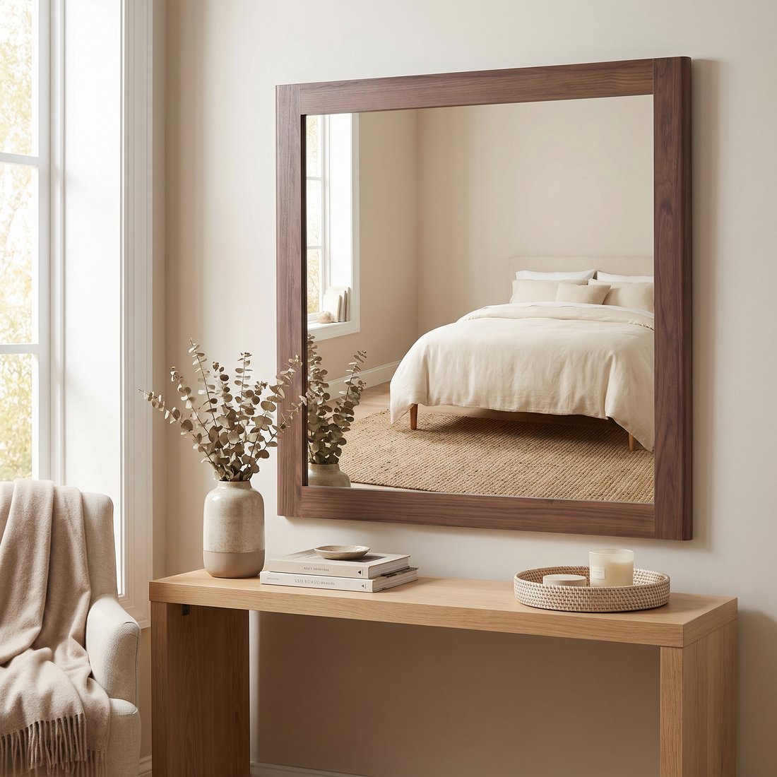Walnut Dresser Mirror, Modern Textured Wood Grain Bedroom Mirror