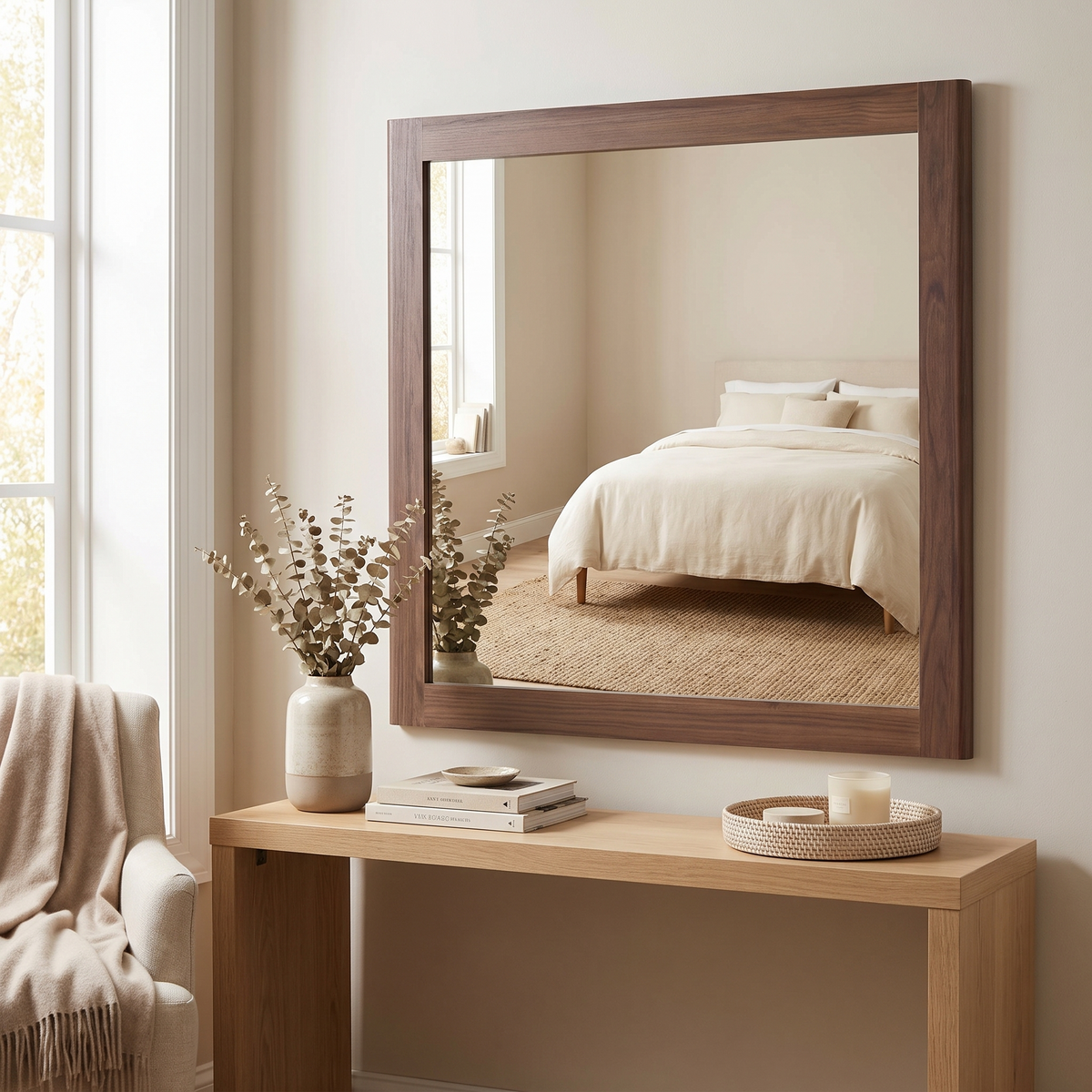 Walnut Dresser Mirror styled in a room