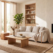Beige Fabric Loveseat Sofa styled in a room