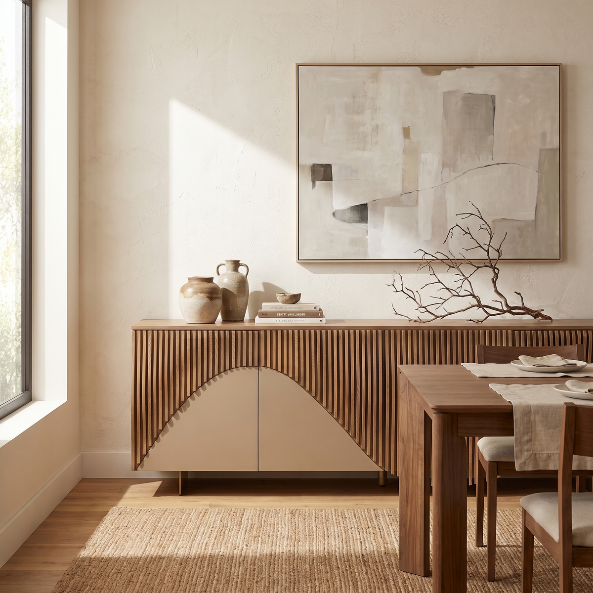 Taupe Sideboard Buffet styled in a room