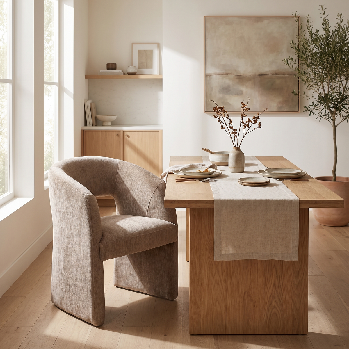 Tan Fabric Dining Arm Chair styled in a room