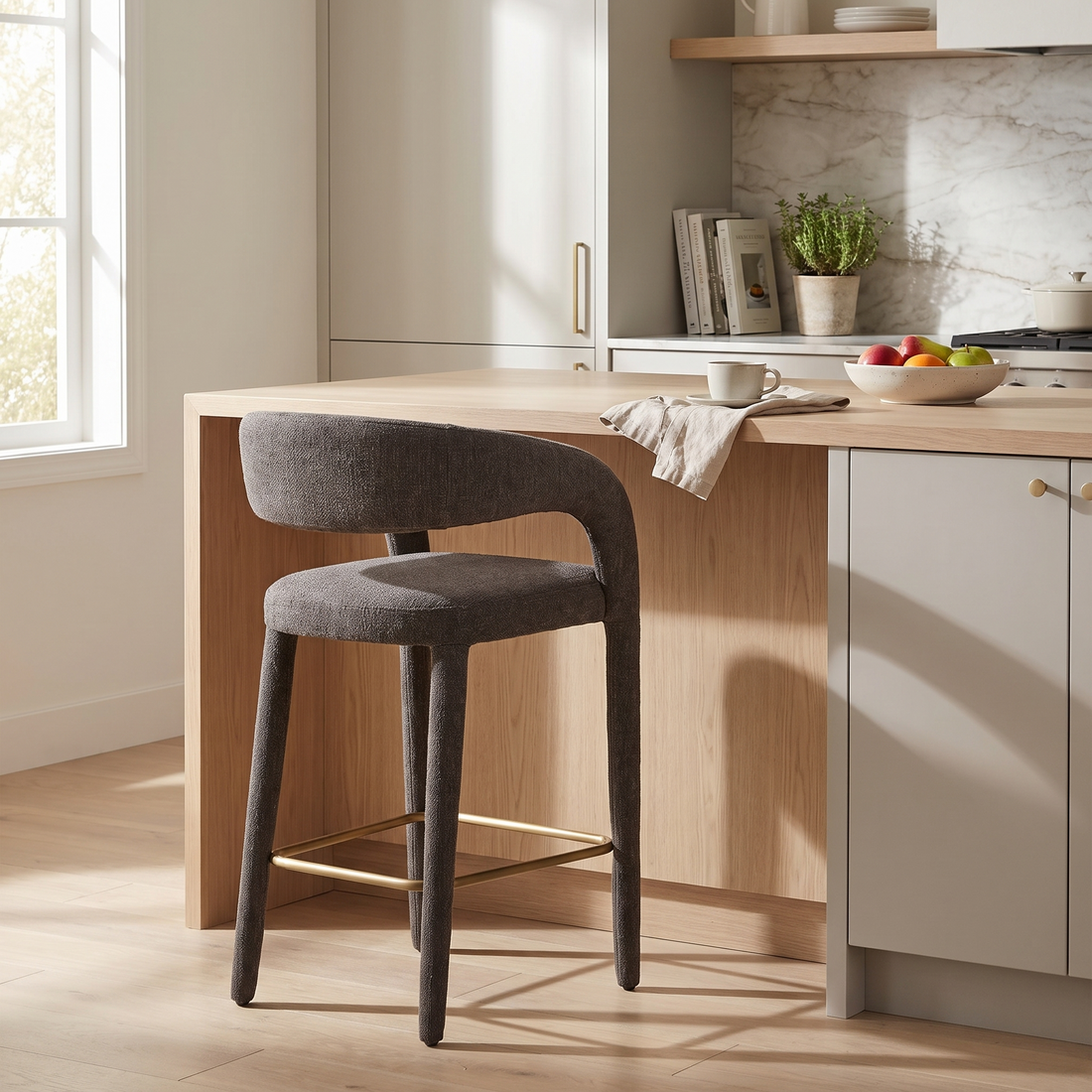 Grey Fabric Counter Stool, Modern Upholstered Kitchen Chair with Footrest