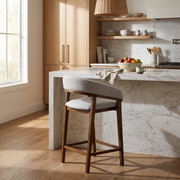 Grey Upholstered Counter Stools styled in a room