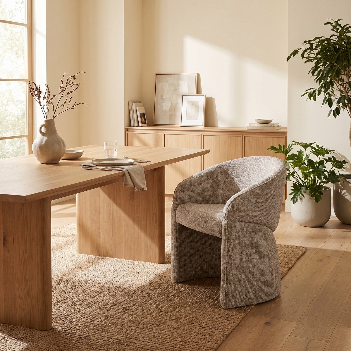 Beige Fabric Dining Armchair styled in a room