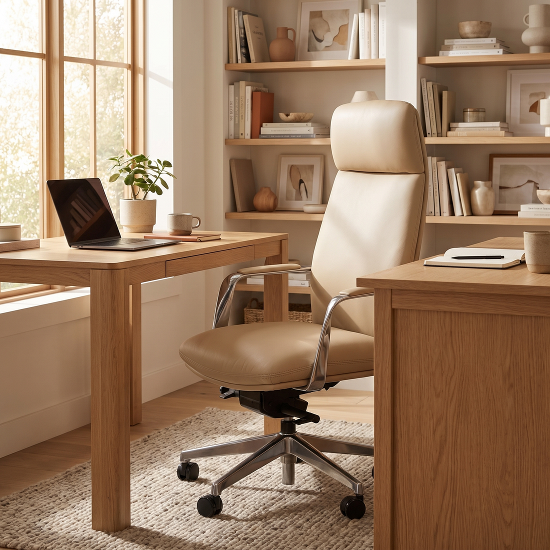 Tan Vegan Leather Office Chair, Executive Desk Chair with Headrest