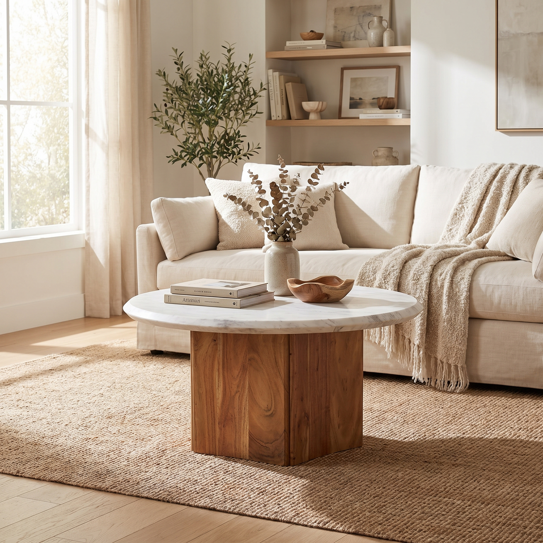 Round Marble Coffee Table, White Marble Top with Mango Wood Drum Base