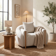Beige Upholstered Accent Chair styled in a room