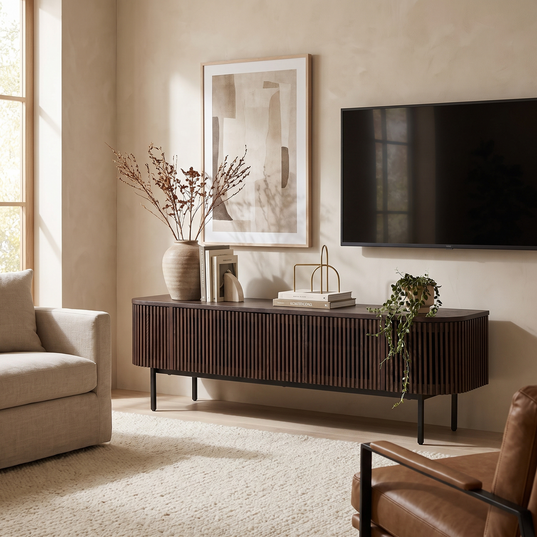 Smoked Ash TV Stand, Modern Media Console with Black Iron Legs