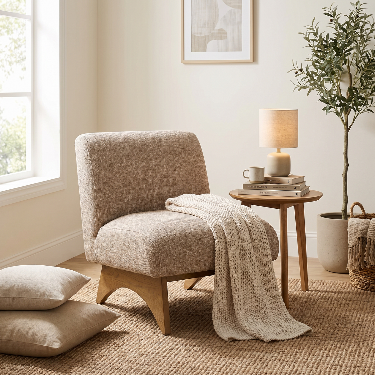 Tan Fabric Slipper Chair styled in a room