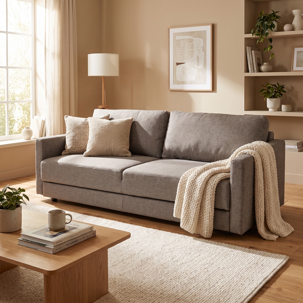 Grey Fabric Sleeper Sofa styled in a room