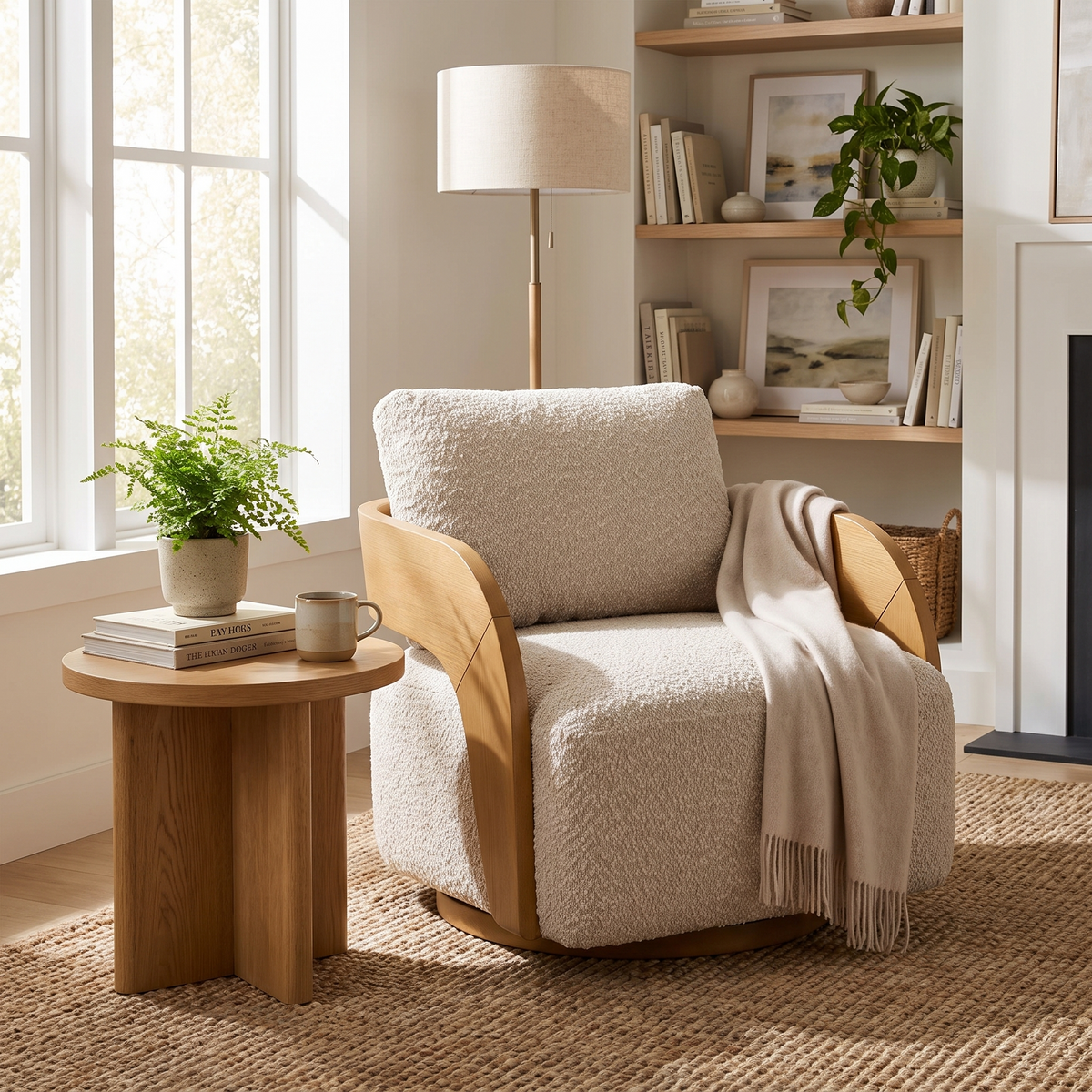 Beige Swivel Accent Chair styled in a room