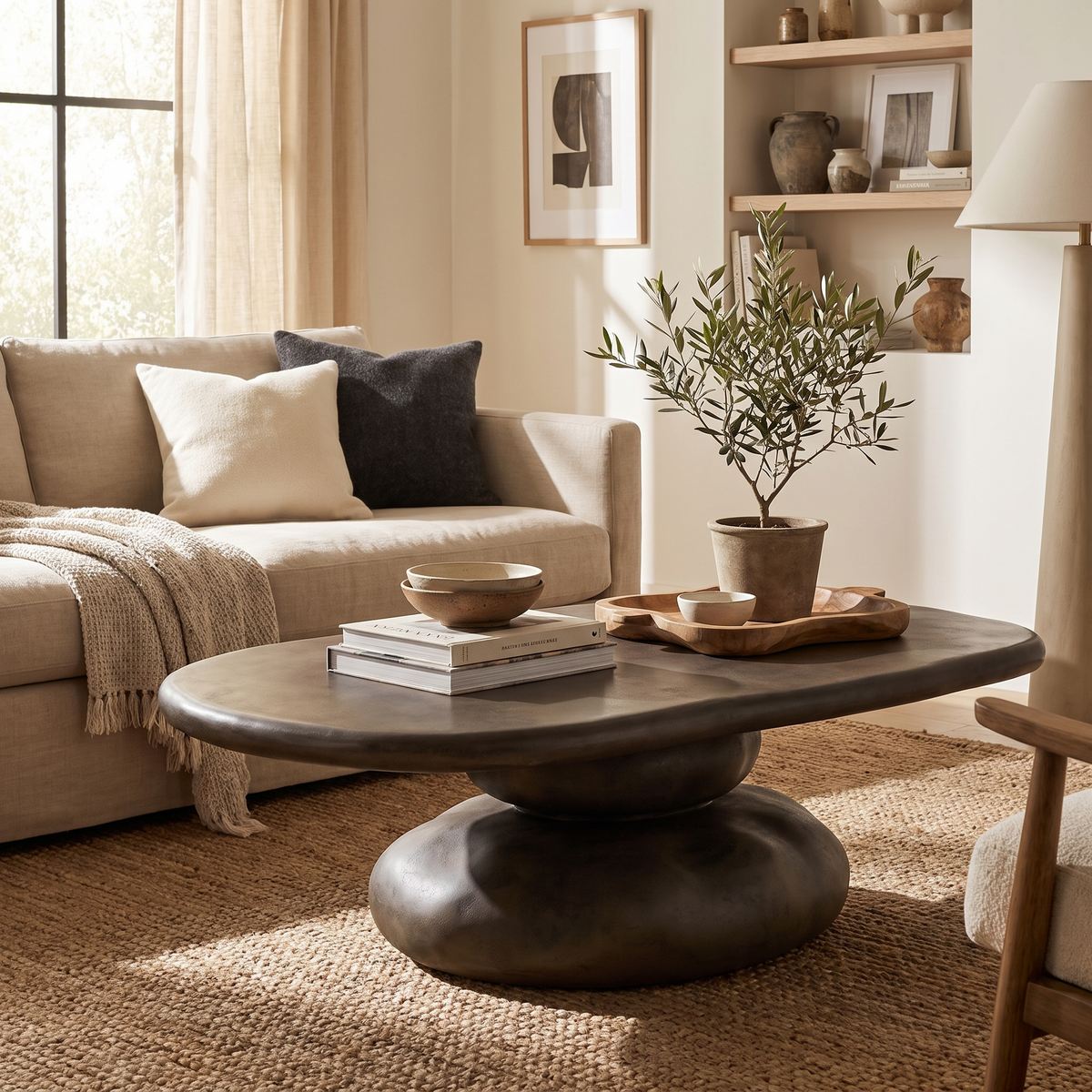 Oval Pedestal Coffee Table styled in a room