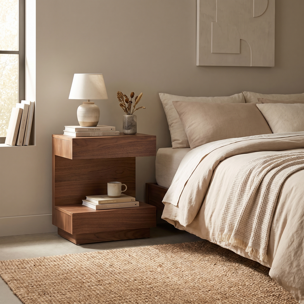 Walnut Nightstand With Led Light styled in a room