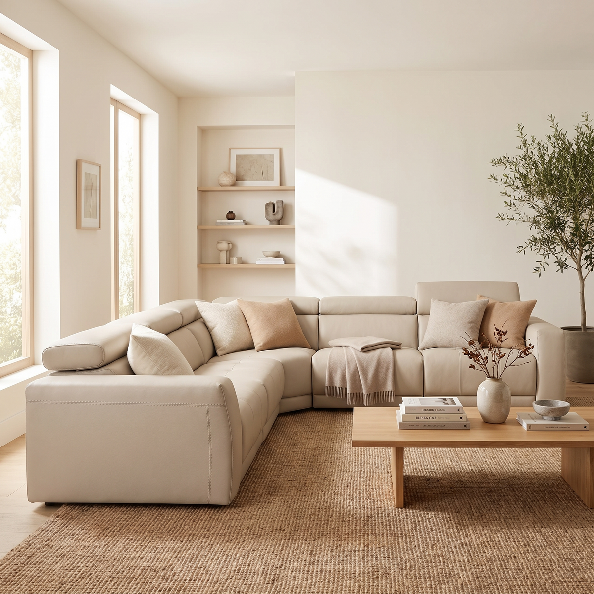 Oyster Italian Leather Sectional Sofa styled in a room