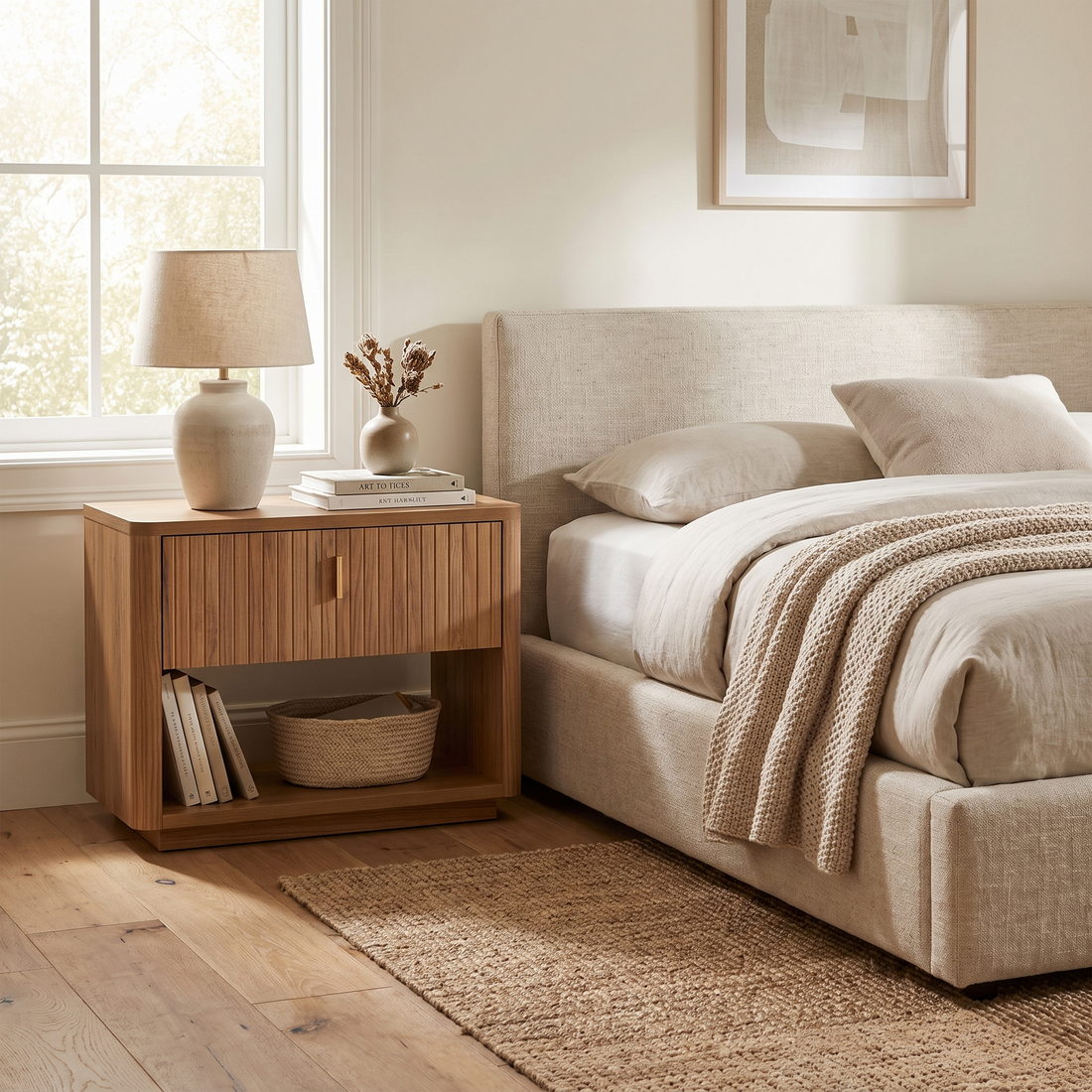 Oak and Gold Nightstand, Modern One Drawer Bedside Table with Lower Shelf