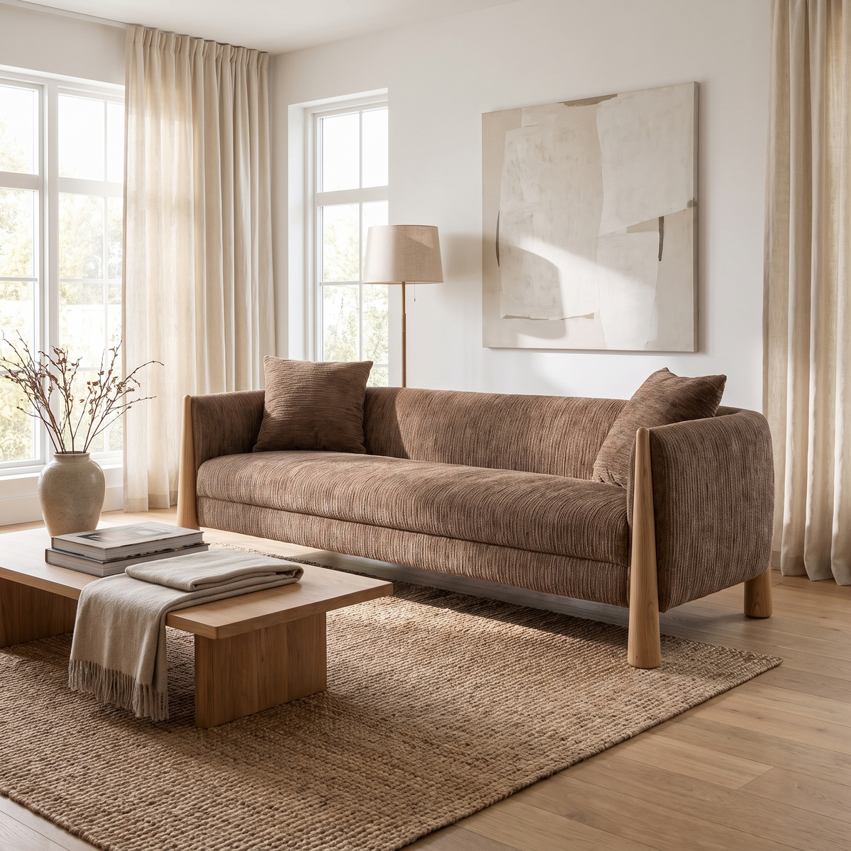 Brown Fabric Sofa styled in a room