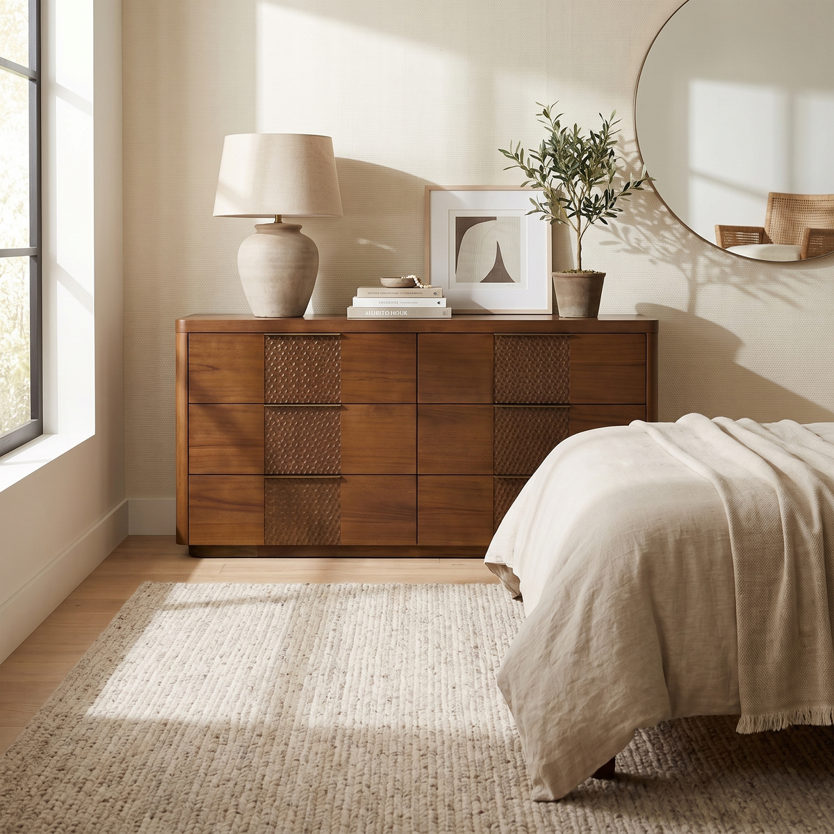 Acacia Six Drawer Dresser styled in a room
