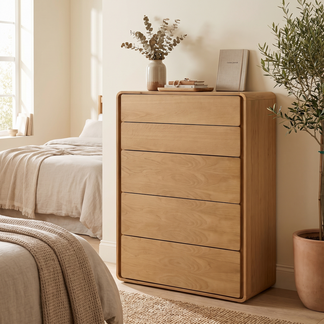 Handleless Oak Chest of Drawers, Push to Open Modern Tall Dresser