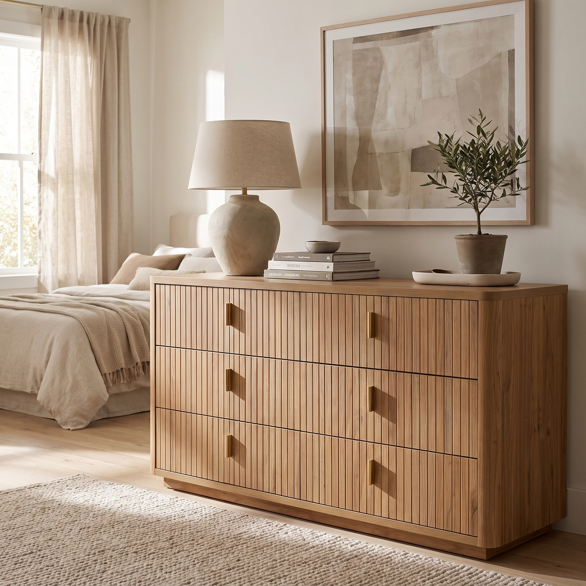 Oak And Gold Dresser styled in a room
