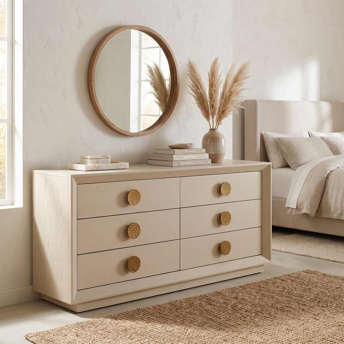 Cream Six Drawer Dresser, Modern Ash Wood Dresser with Gold Handles