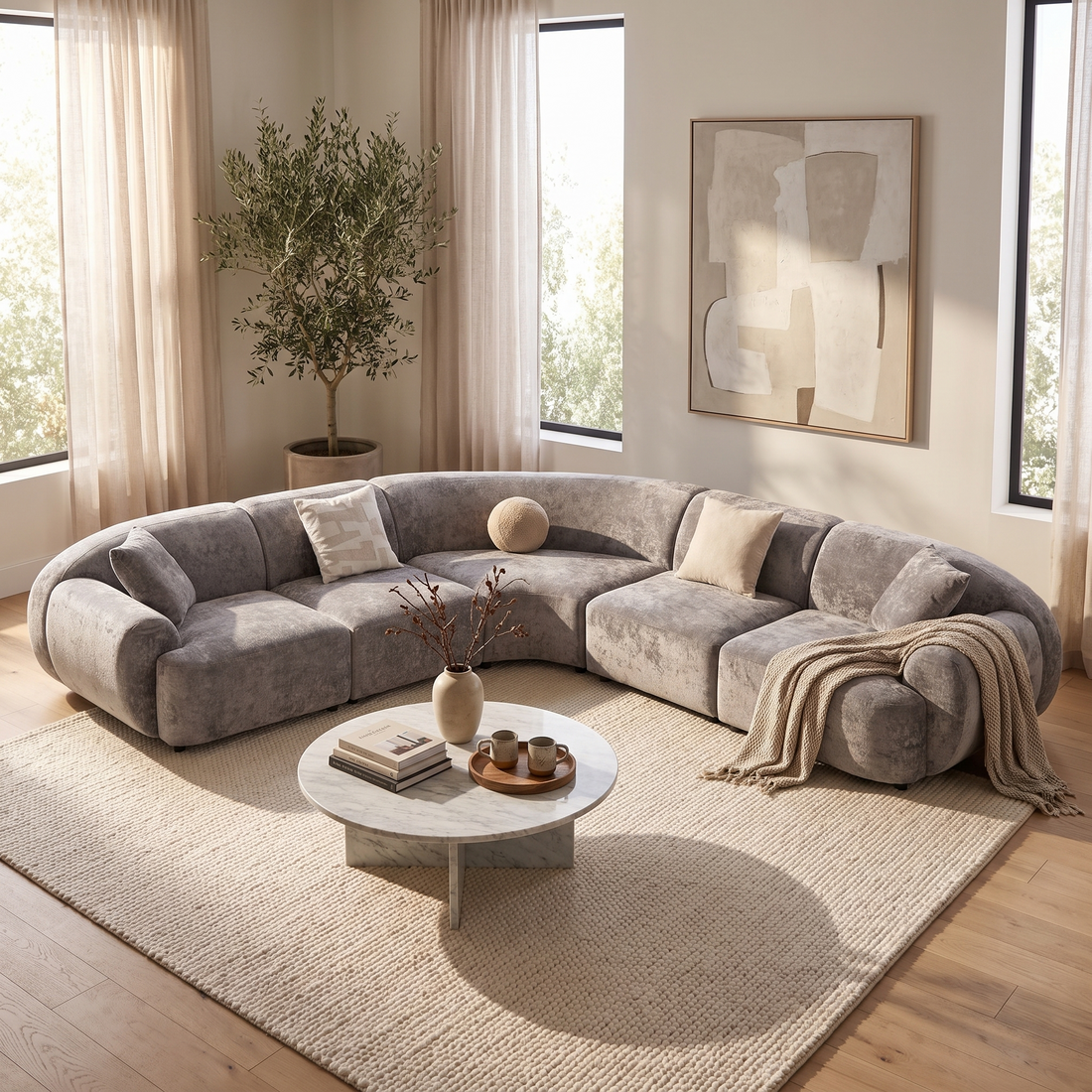 Grey Corner Sectional Sofa, Modern Fabric Couch with Toss Pillows
