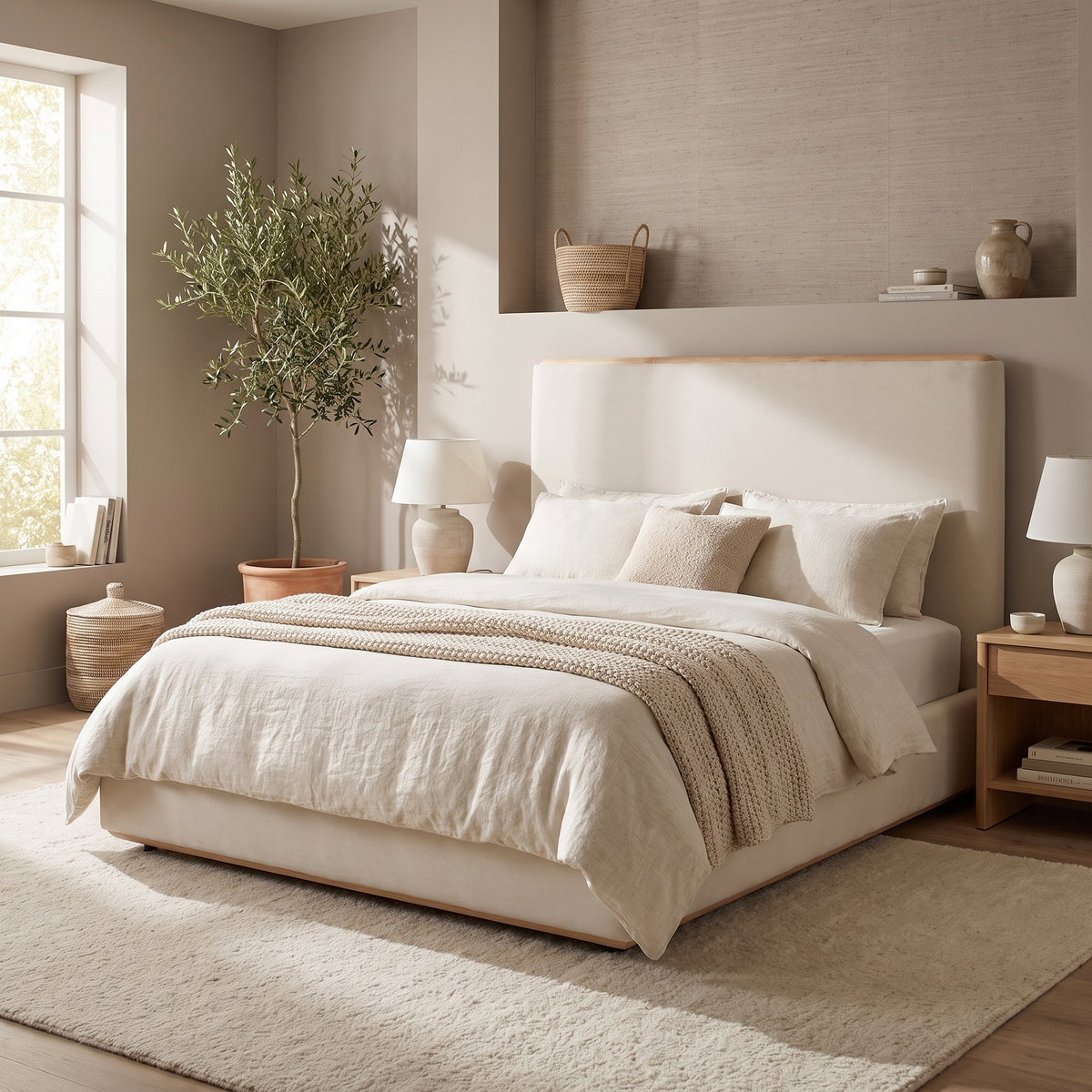 Cream Upholstered King Bed styled in a room