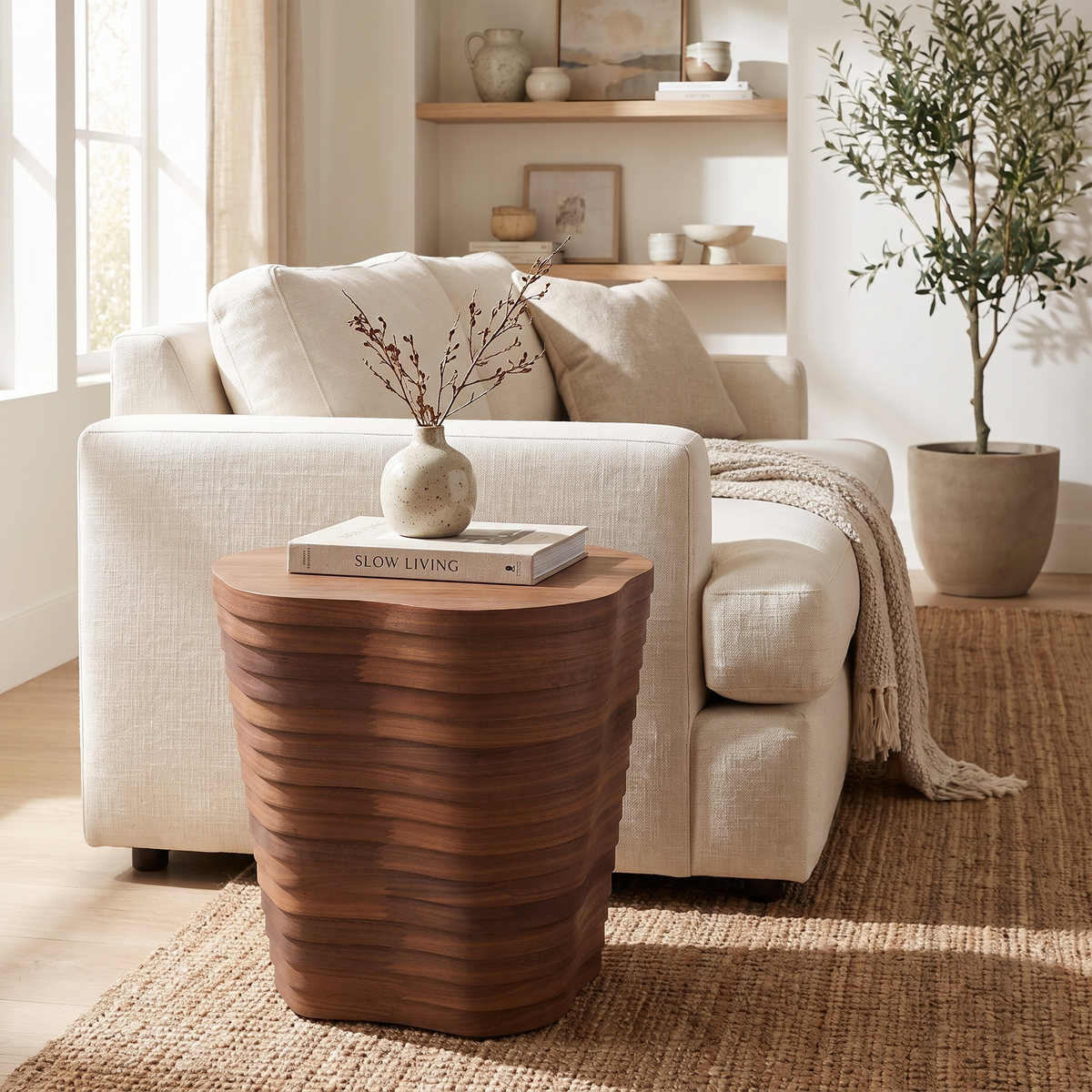 Walnut Freeform End Table styled in a room