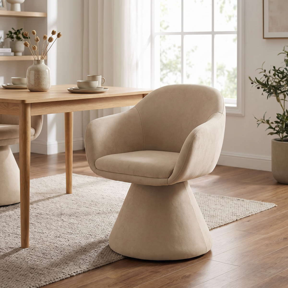 Swivel Dining Chair in Beige styled in a dining room