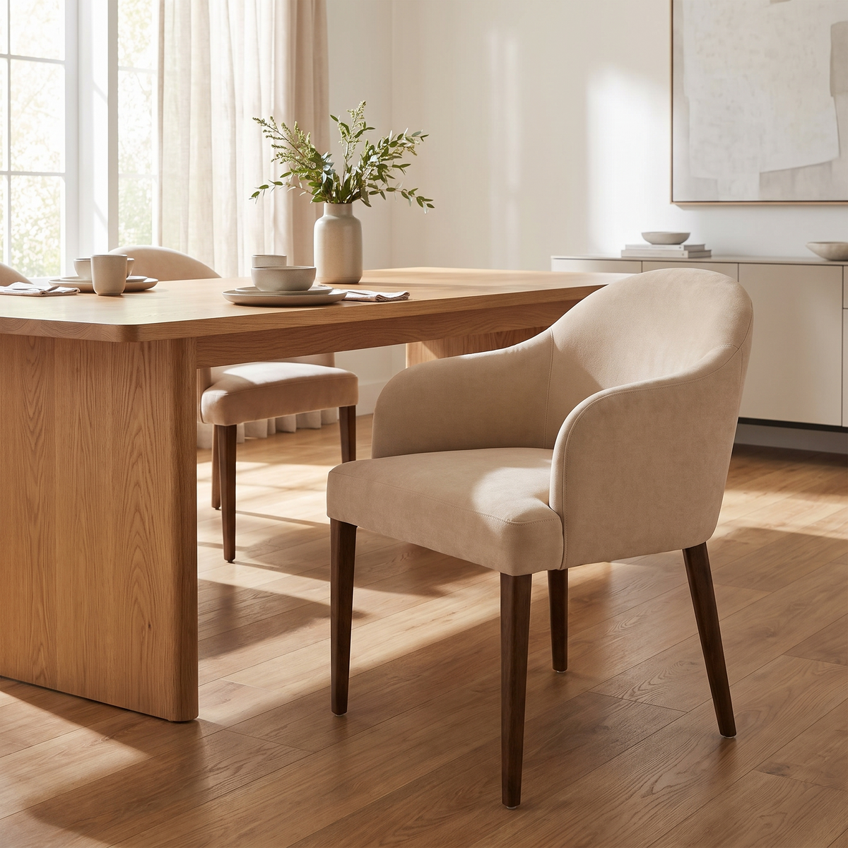 Fully Upholstered Dining Chair in Beige styled in a room
