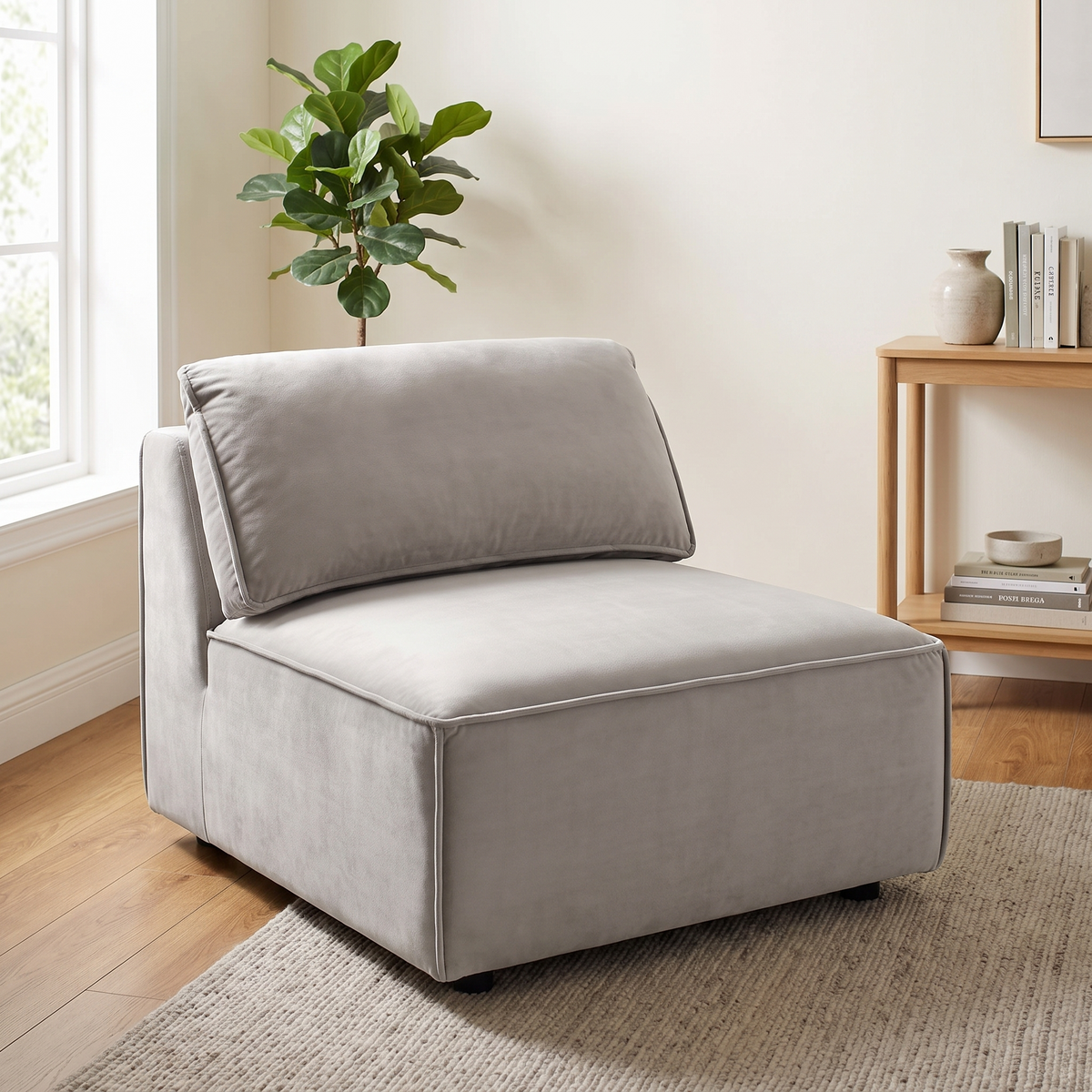 Armless Modular Sofa Seat in Light Grey styled in a room