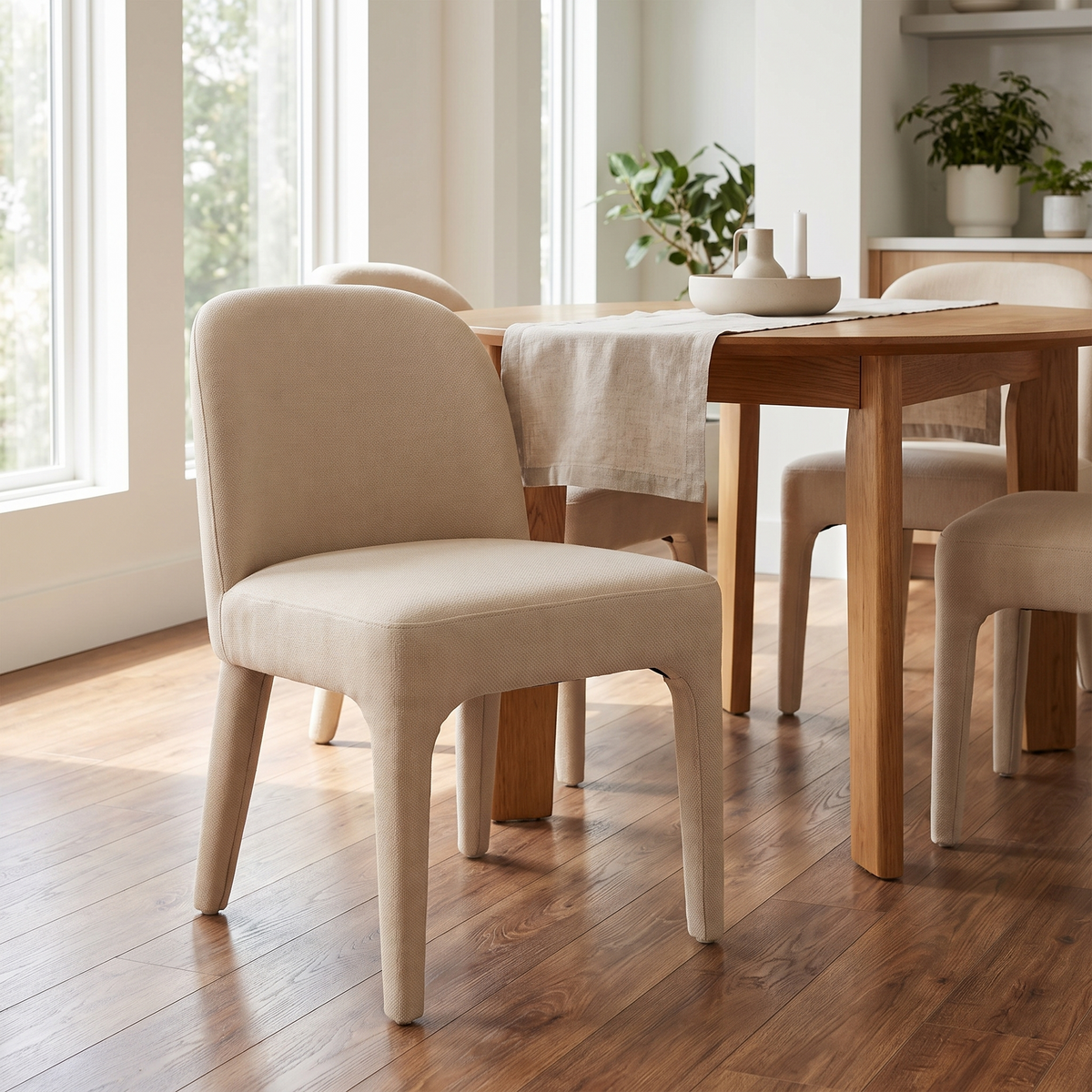 Upholstered Dining Side Chair in Beige styled in a room
