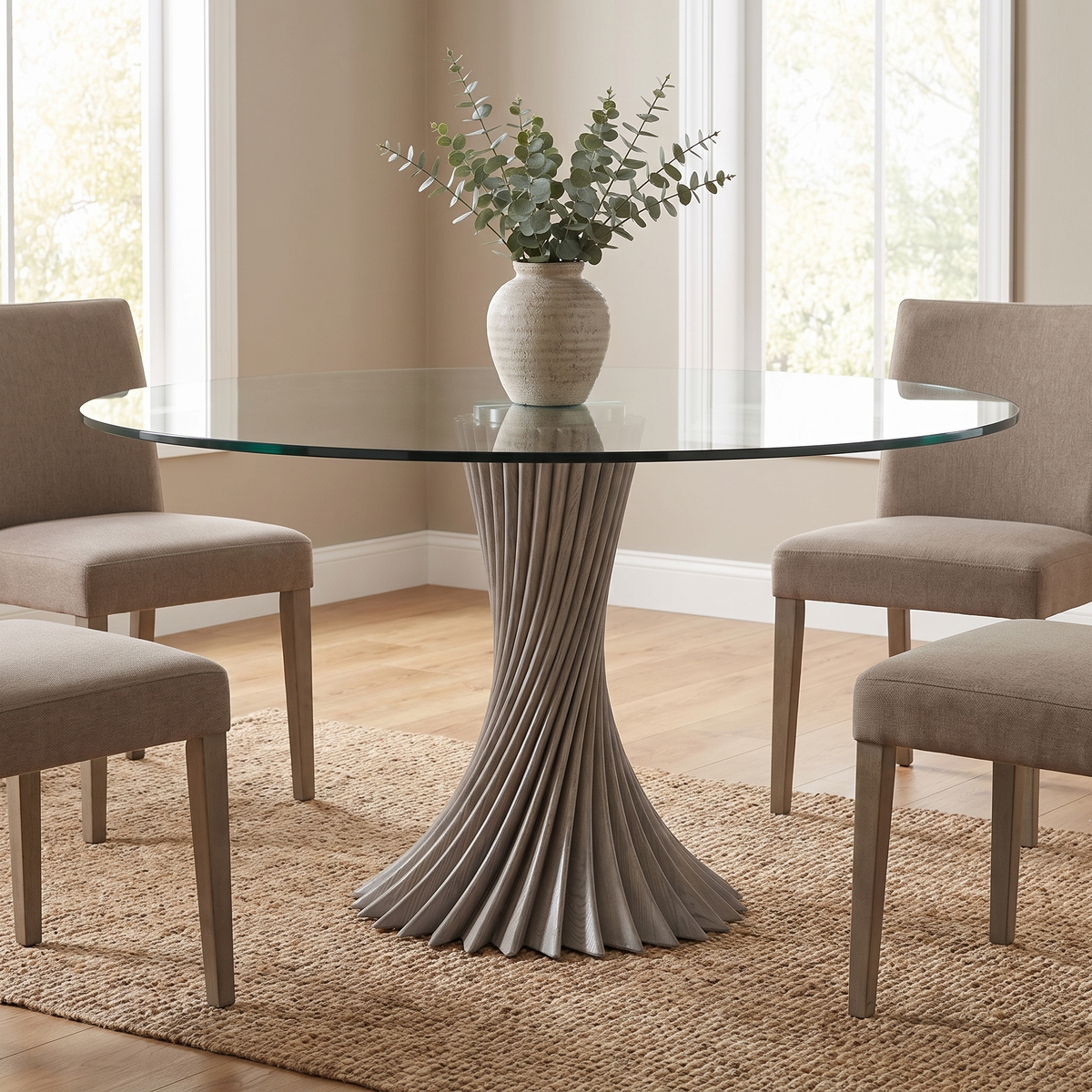 Round Glass Dining Table with Grey Ash base styled in a room