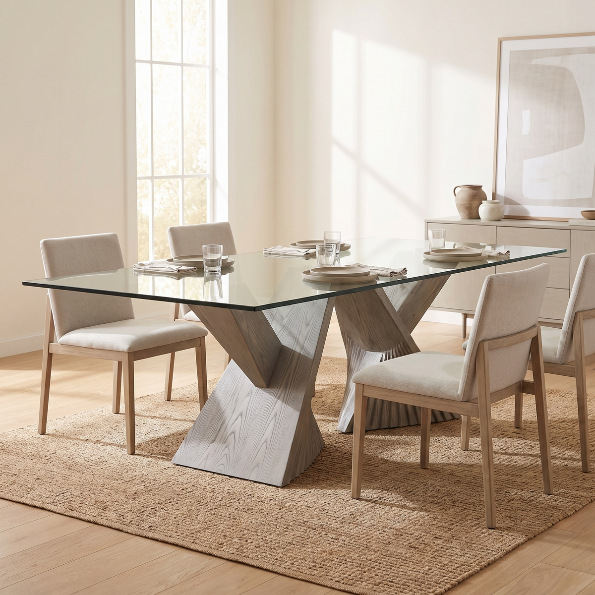 Glass Top Dining Table with Grey Ash base styled in a room