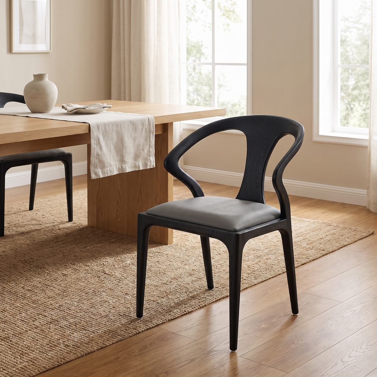 Faux Leather Dining Arm Chair in Gray and Black Ash styled in a room