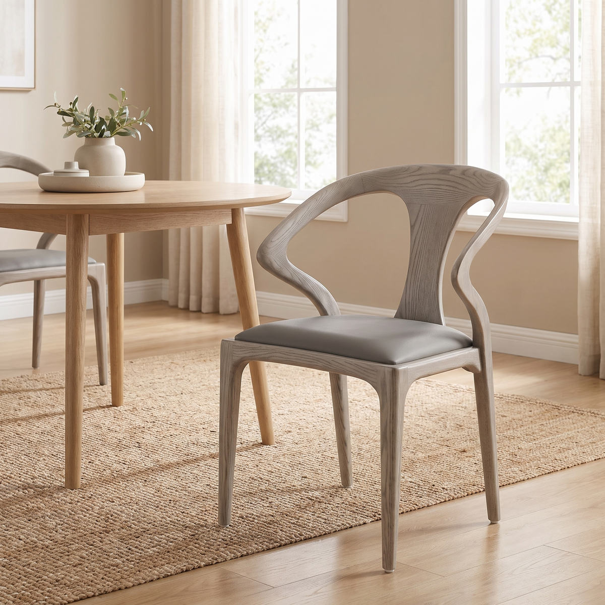 Faux Leather Dining Arm Chair in Gray and Gray Ash styled in a room