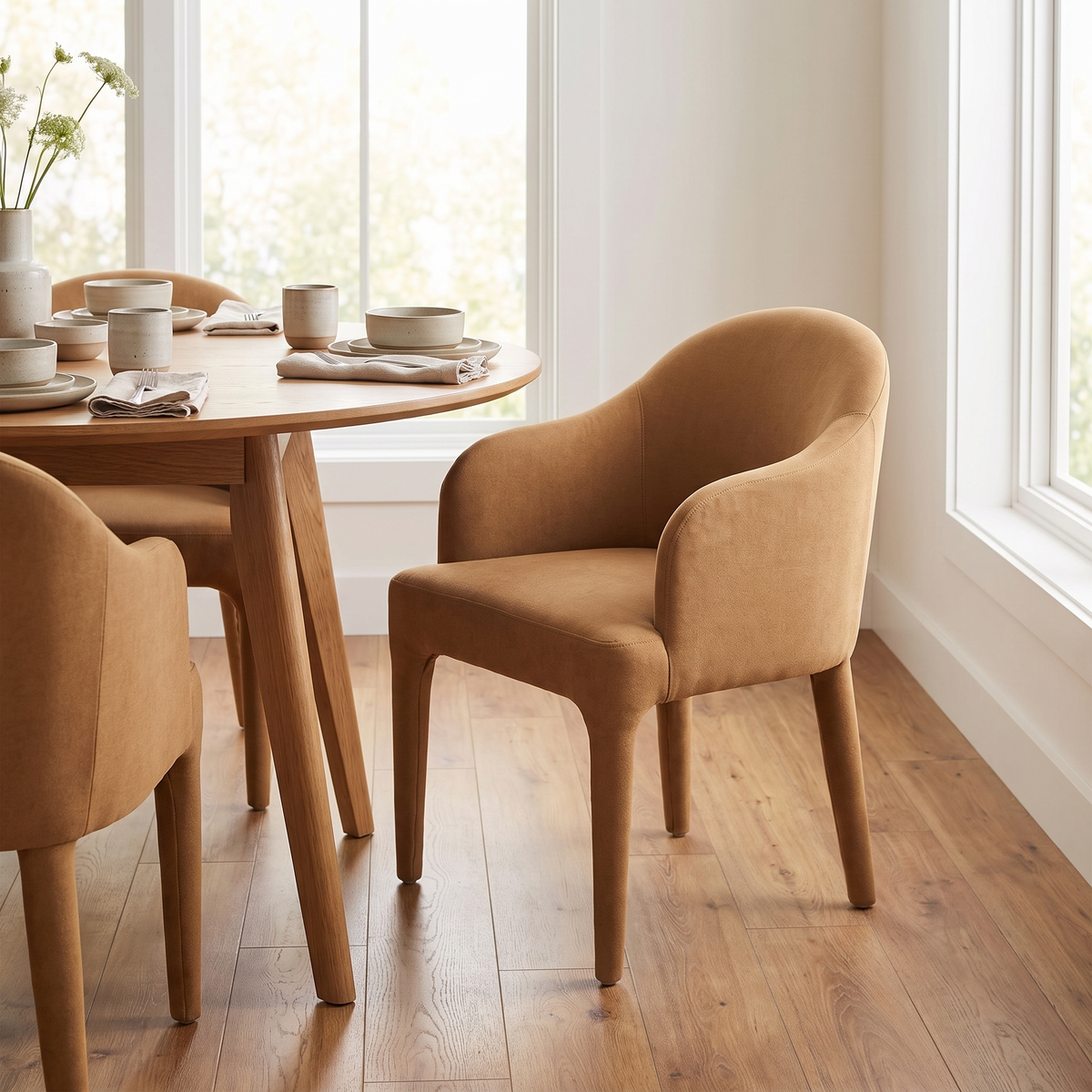 Fully Upholstered Dining Chair in Tan styled in a room
