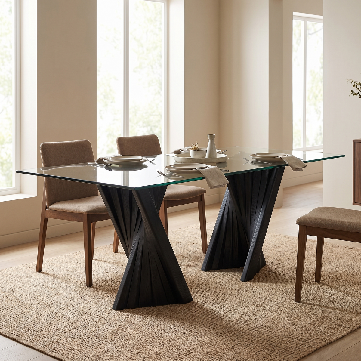Mid Century Glass Dining Table with Black Ash base styled in a room