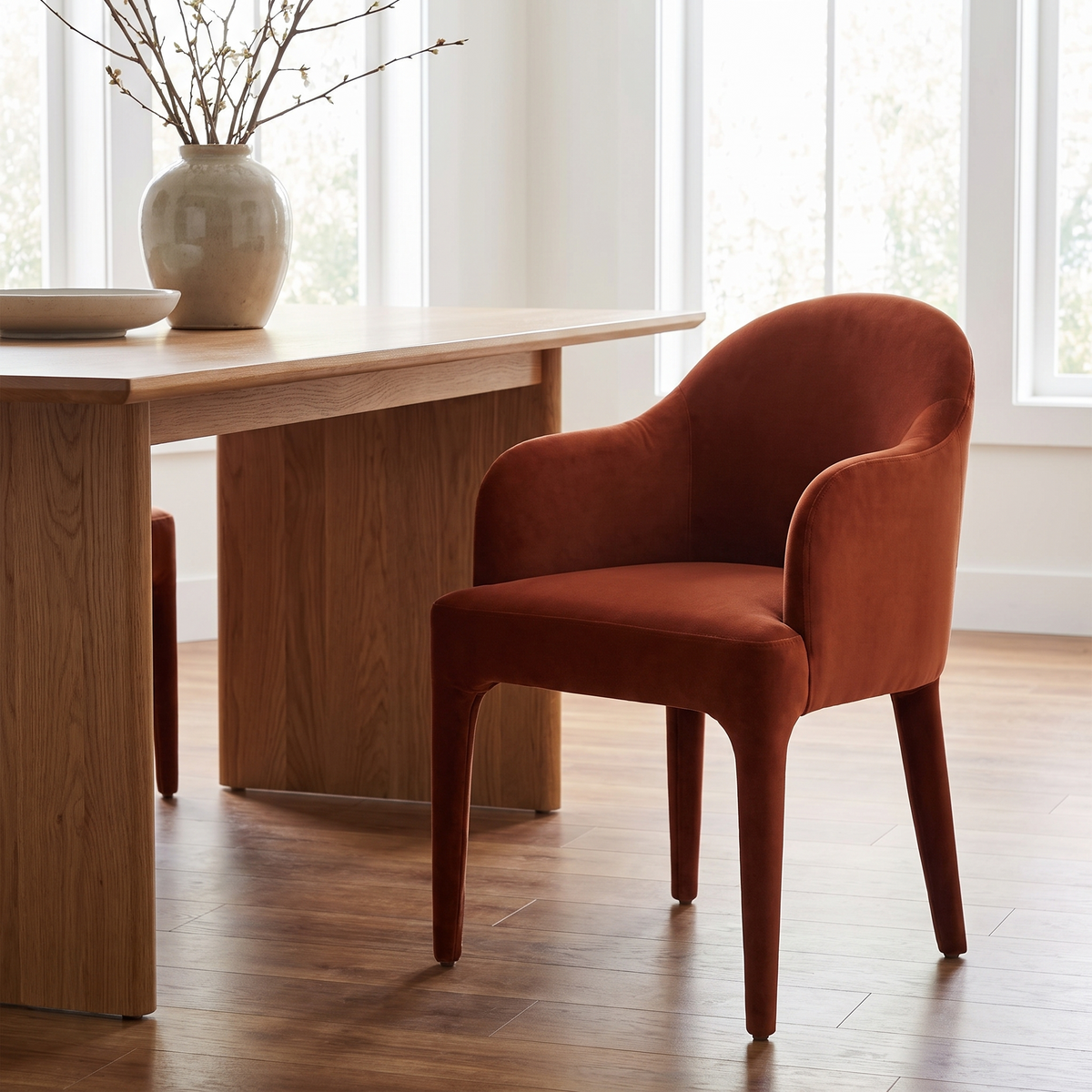 Fully Upholstered Dining Chair in Rust Velvet styled in a room