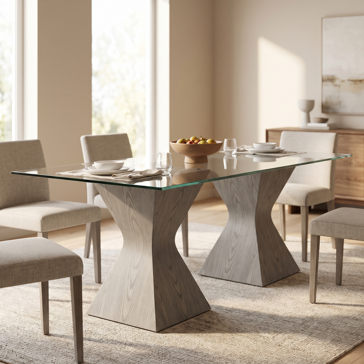 Mid Century Glass Dining Table with Grey Ash base styled in a room