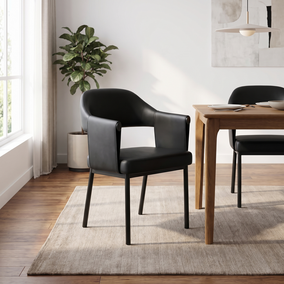 Black Iron Frame Dining Chair in Black Vegan Leather styled in a dining room