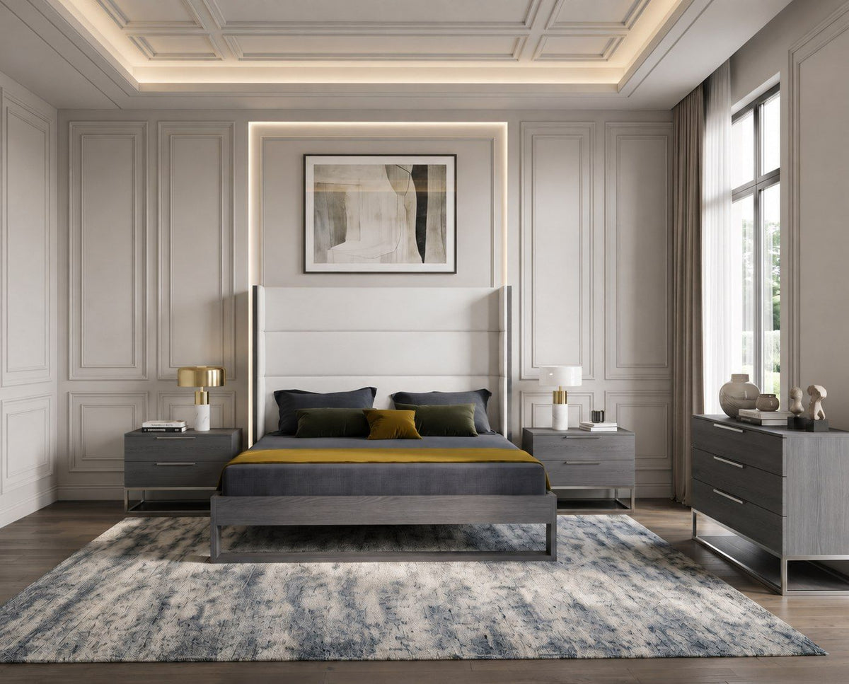 White Faux Leather King Bedroom Set, Nailhead Bed with Grey Nightstands and Dresser