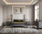White Faux Leather King Bedroom Set, Nailhead Bed with Grey Nightstands and Dresser