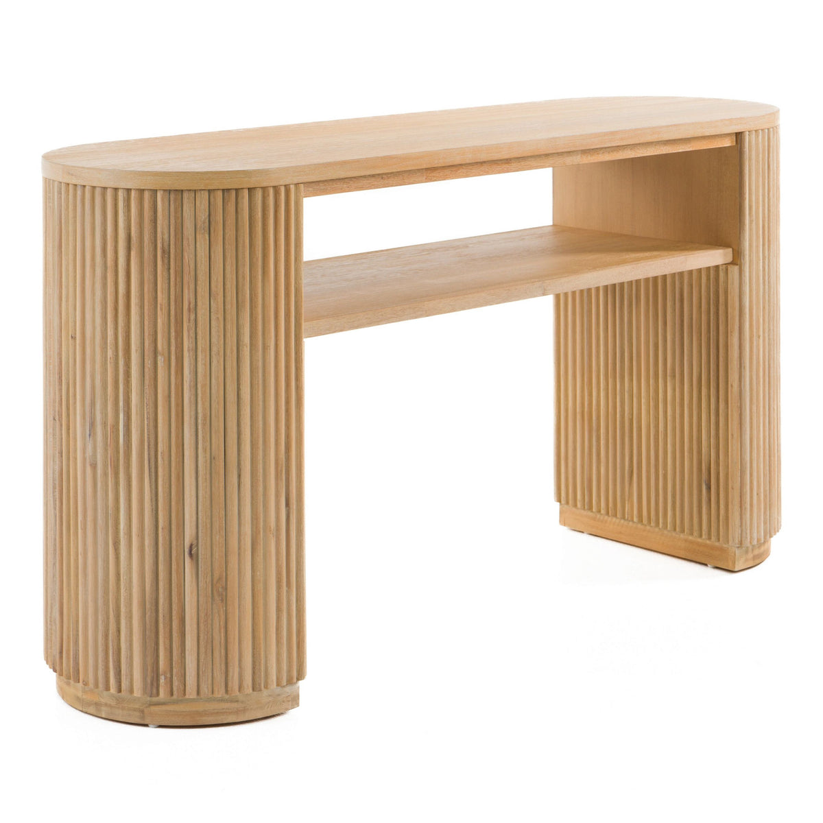 Oval Acacia Wood Console Table, Natural Entryway Table with Shelf