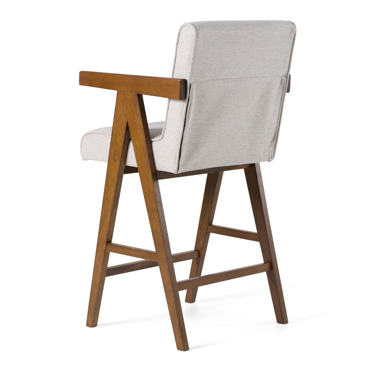 Beige Counter Stools with Arms, Walnut Wood Upholstered Counter Chairs