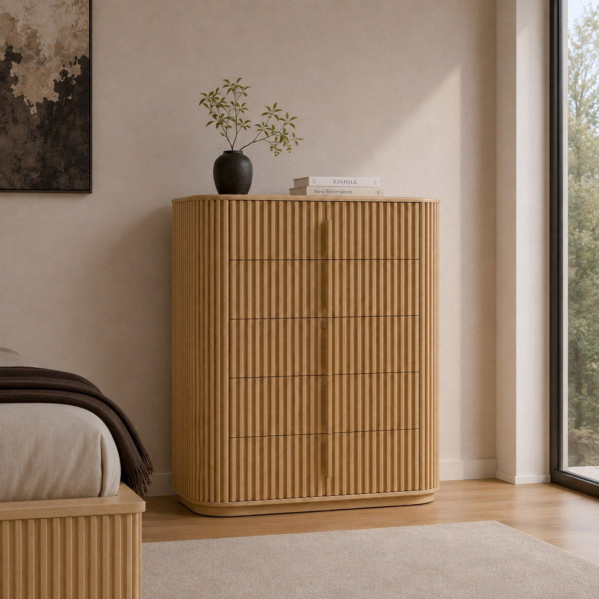 Natural Oak Chest of Drawers, Modern Tall Dresser with Wood Pulls