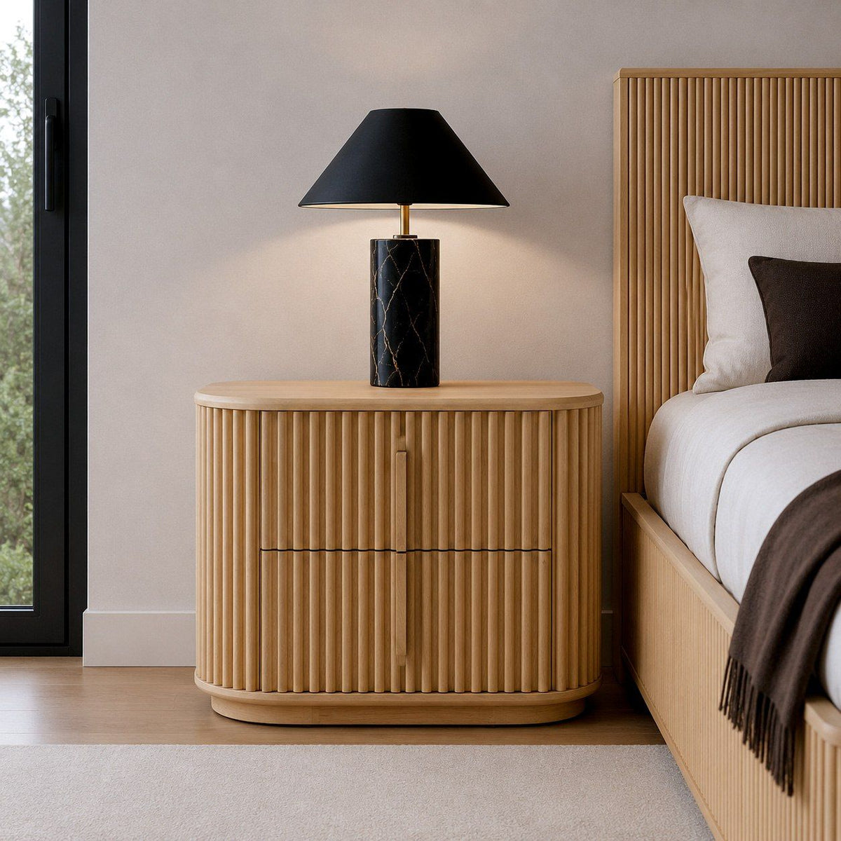 Natural Oak Two Drawer Nightstand, Modern Wood Bedside Table
